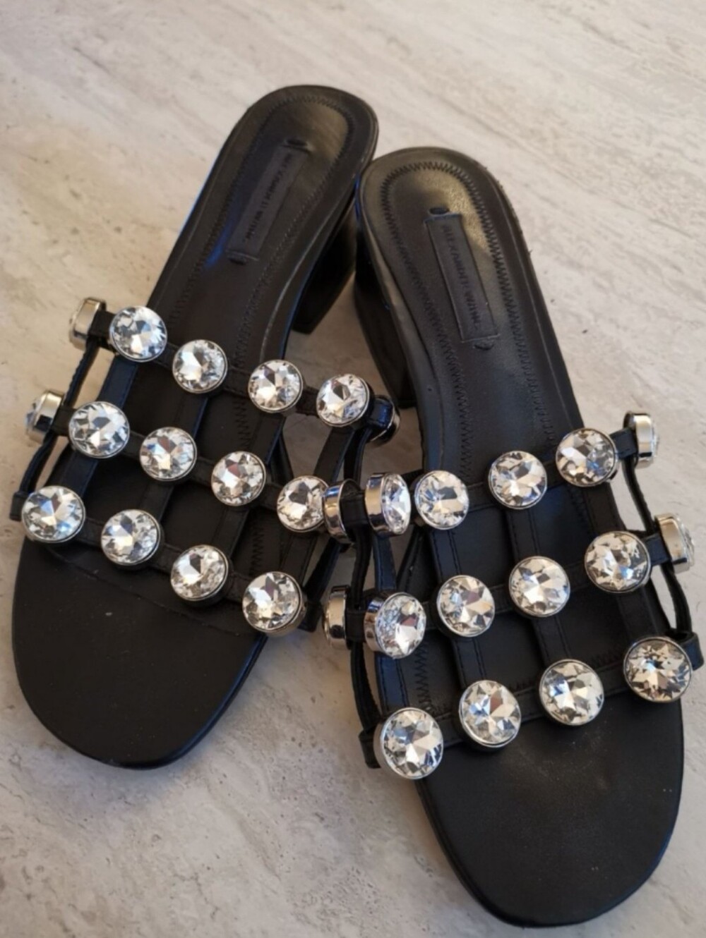 Alexander Wang Black Crystal Cage Cutout Block Heel Mules Sandals
